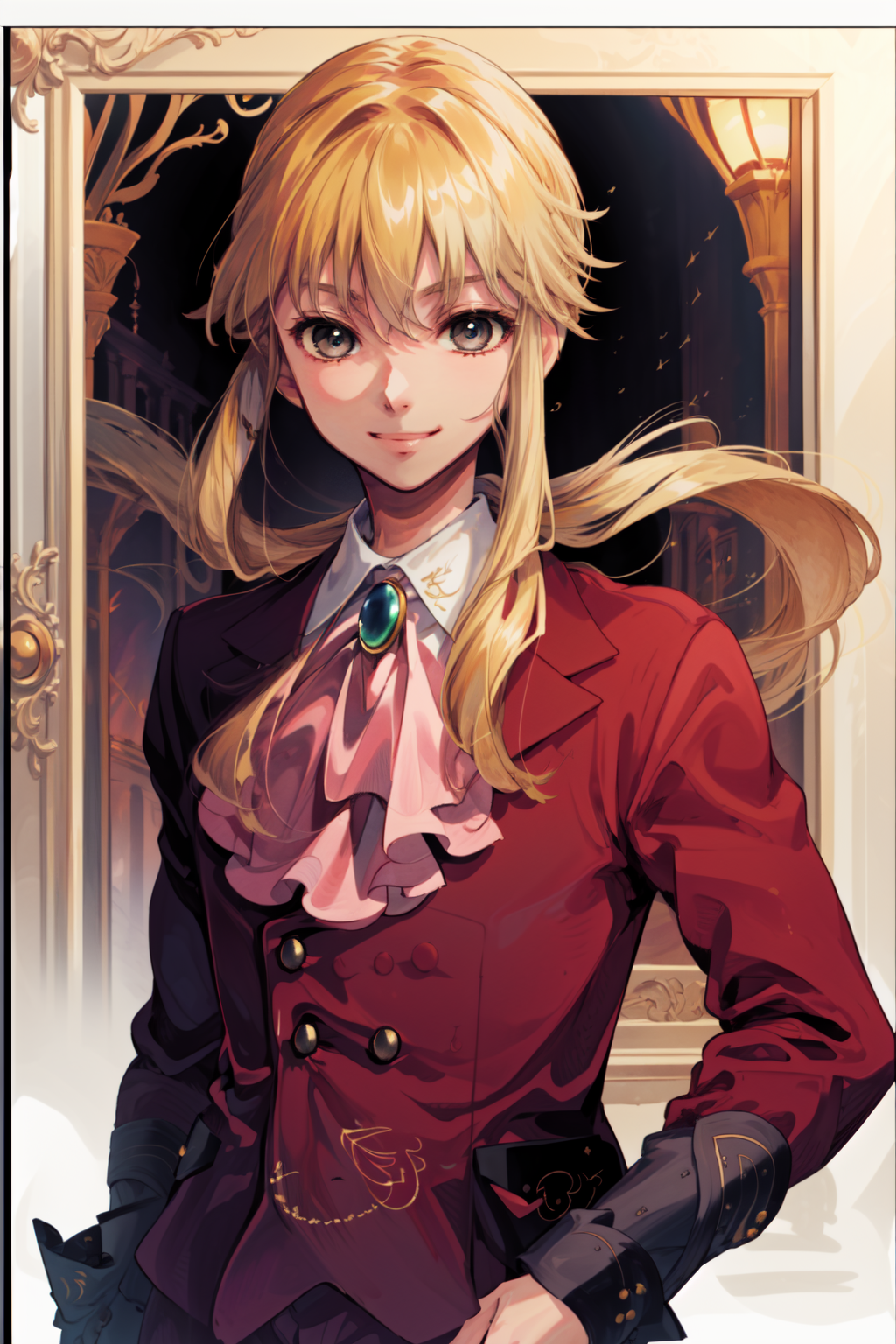 00658-2772348077-masterpiece,best quality,solo,ushiromiya lion,androgynous,ponytail,blonde hair,grey eyes,formal,suit,ascot,smile,_lora_umineko_u.png